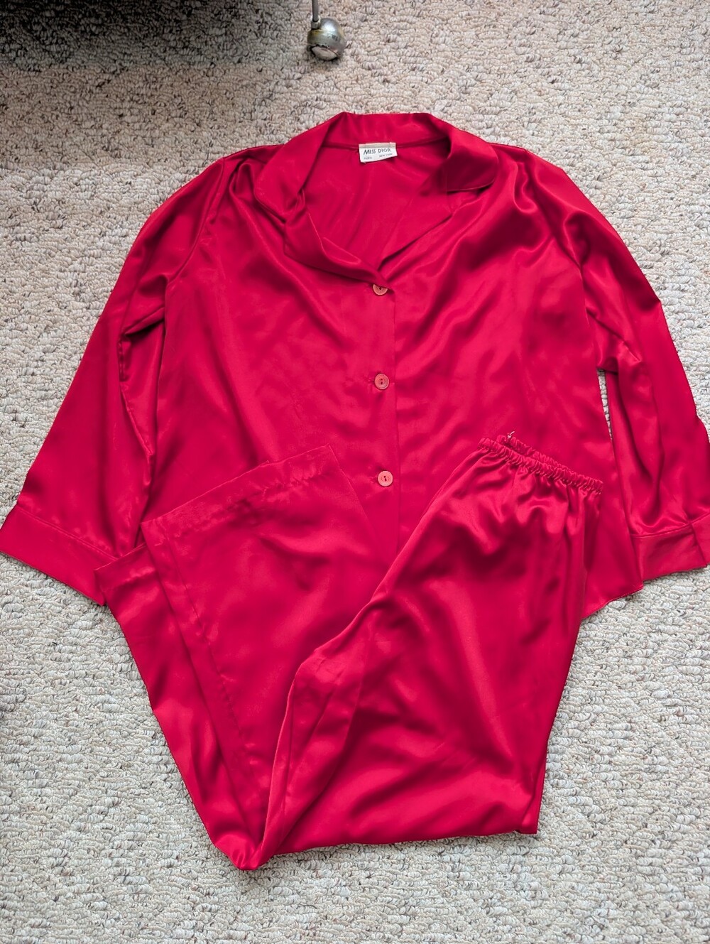 Vintage '80s Miss Dior Red Satin Silky Pajama Set Loungewear Sleep Boudoir Vtg